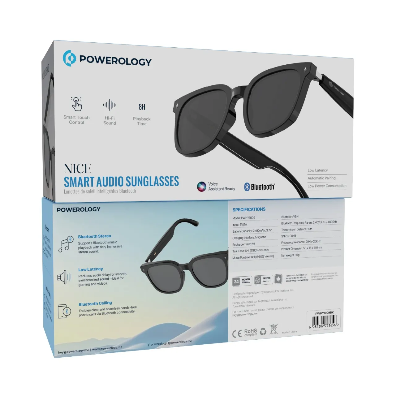 Powerology Nice BT Sunglass with Touch Control+ Bright Black Lens - Black