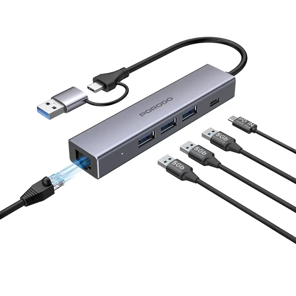 Porodo 5-1 Hub with Interchangable Heads PD100w 1000M RJ45 GREY