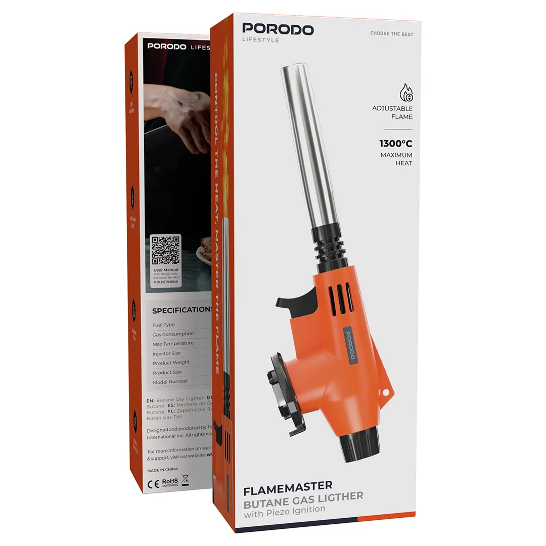 Porodo Lifestyle FlameMaster 14 MM Butane Gas Ligther - Black/Orange