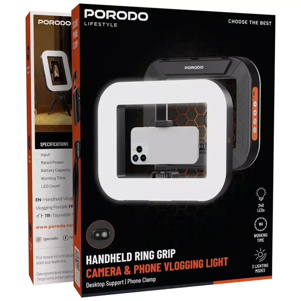 Porodo Lifestyle Vlogging Light with Tripod & Shutter Button - Black