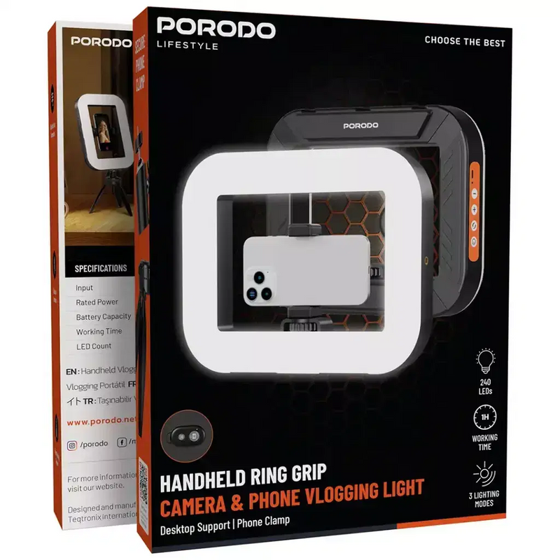Porodo Lifestyle Vlogging Light with Tripod & Shutter Button - Black