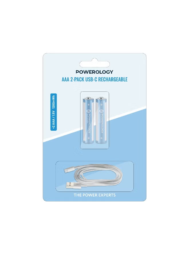 Powerology 1.5V Type-c Rechargeable Lithium-ion Battery AAA Battery 1200mWh 2pcs per Pack