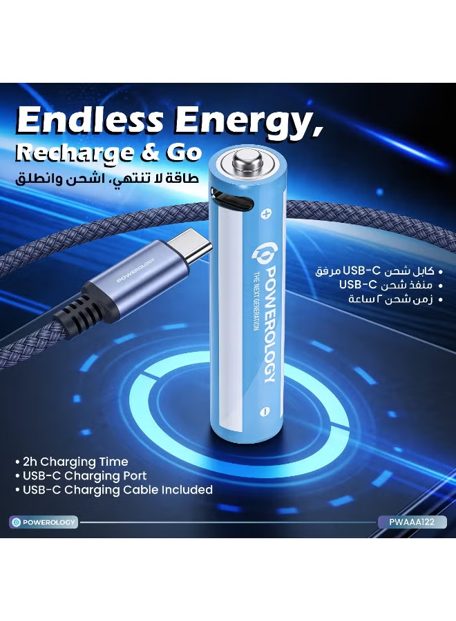 Powerology 1.5V Type-c Rechargeable Lithium-ion Battery AAA Battery 1200mWh 2pcs per Pack