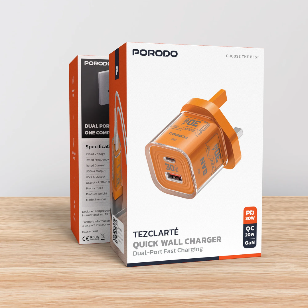 Porodo Tezclarte PD 30W + USB 3.0 GAN Charger With Transparent Shell - Orange