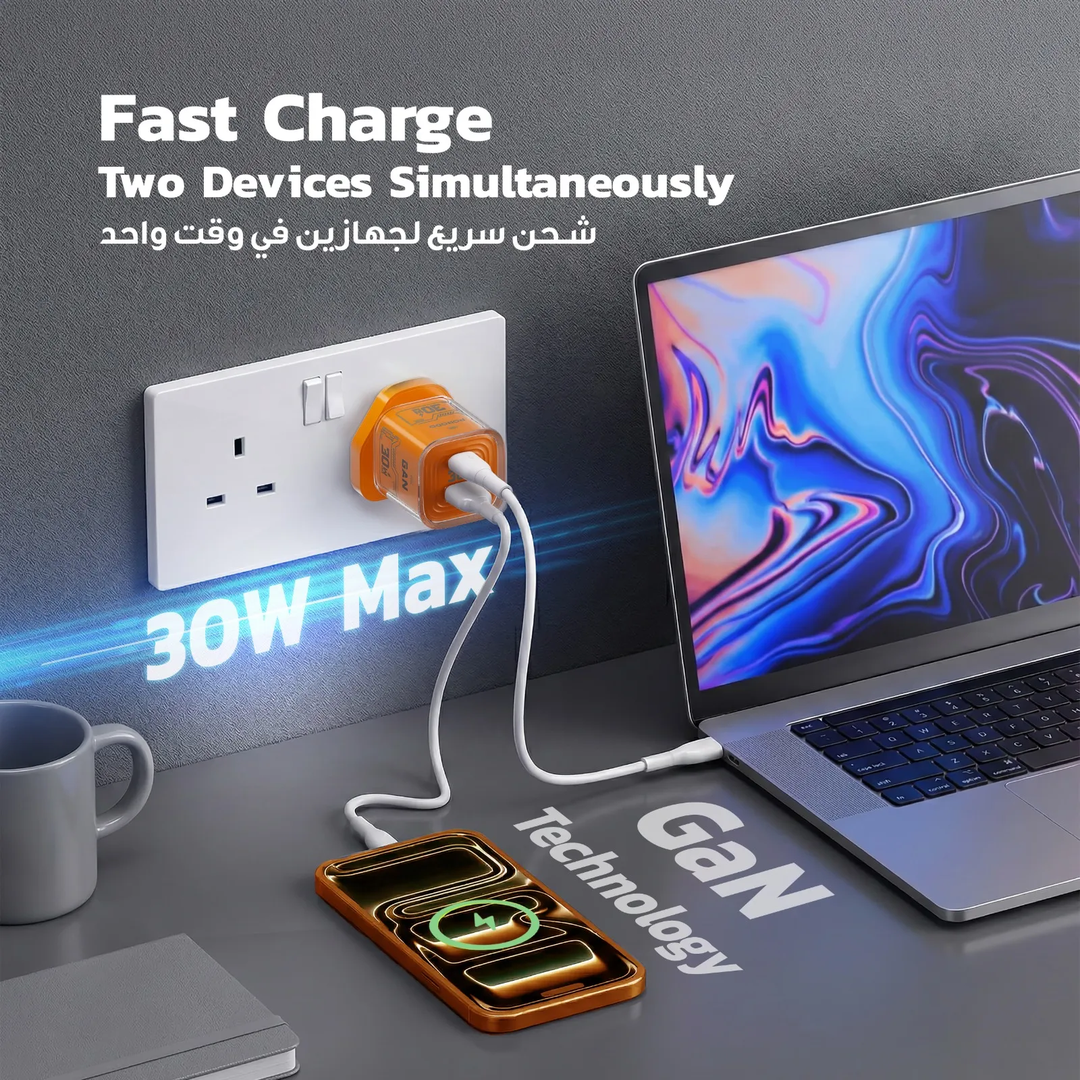 Porodo Tezclarte PD 30W + USB 3.0 GAN Charger With Transparent Shell - Orange