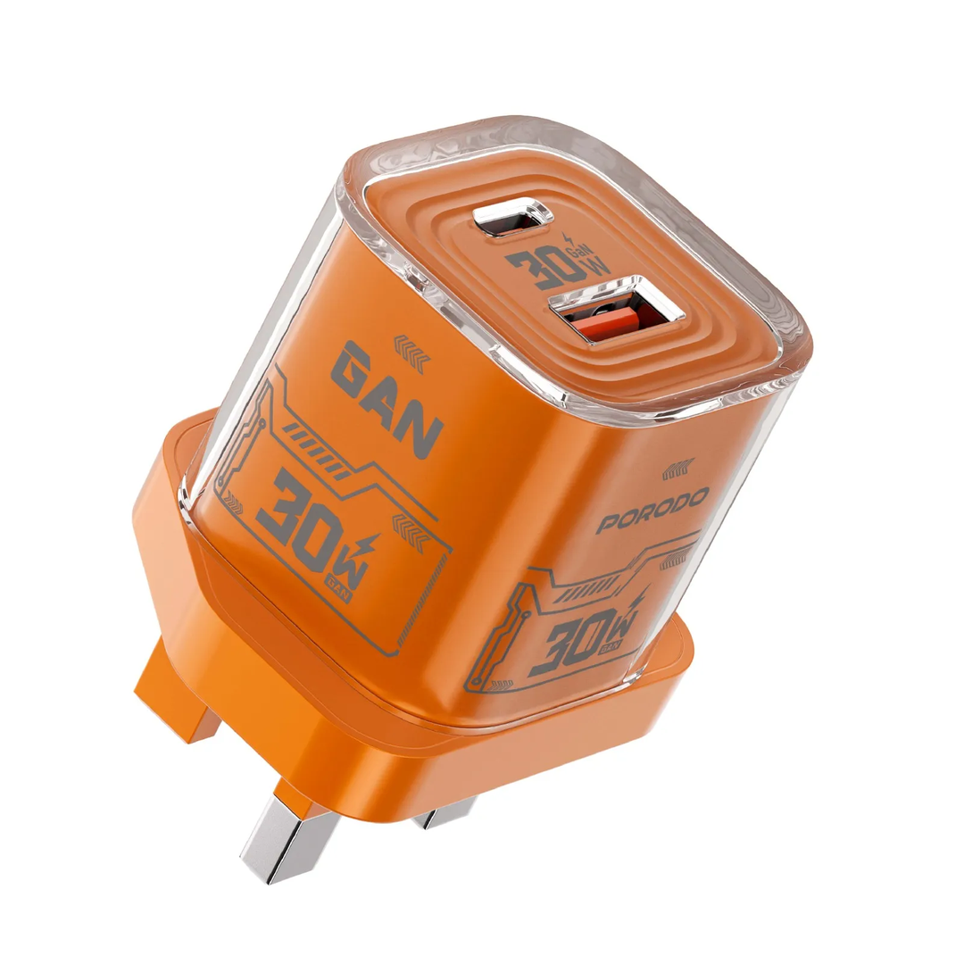 Porodo Tezclarte PD 30W + USB 3.0 GAN Charger With Transparent Shell - Orange