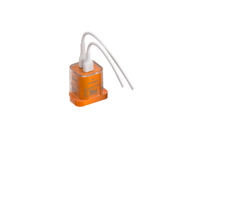 Porodo Tezclarte PD 30W + USB 3.0 GAN Charger With Transparent Shell - Orange