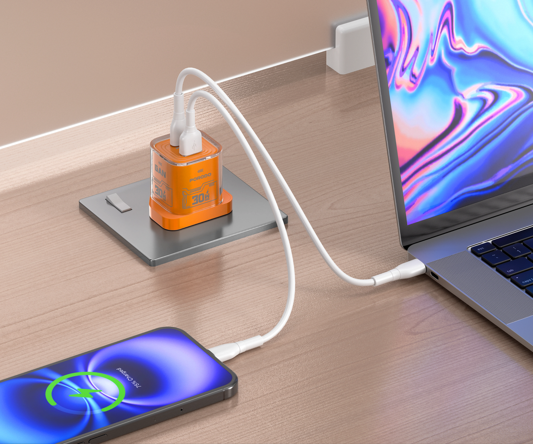 Porodo Tezclarte PD 30W + USB 3.0 GAN Charger With Transparent Shell - Orange
