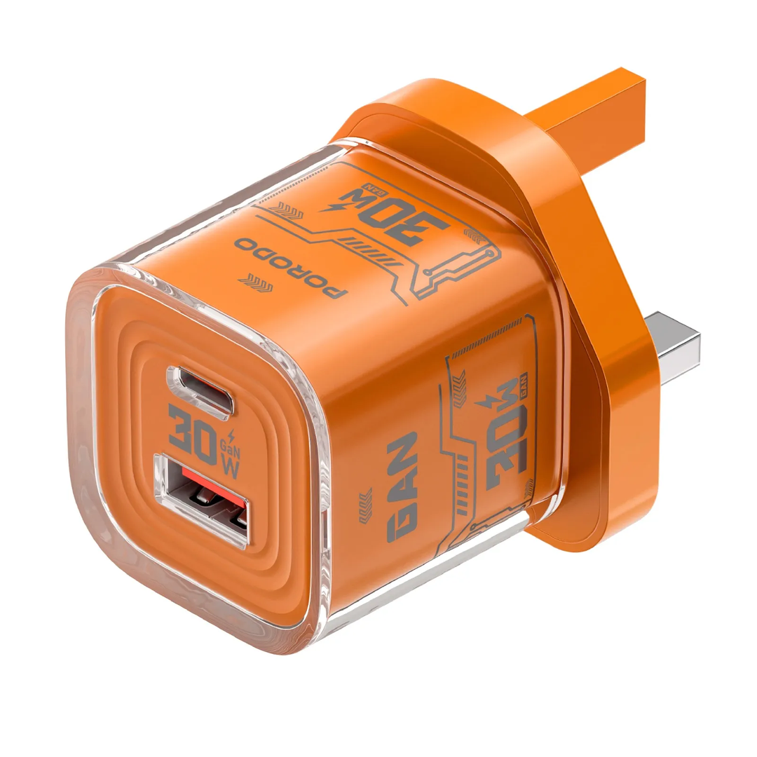 Porodo Tezclarte PD 30W + USB 3.0 GAN Charger With Transparent Shell - Orange