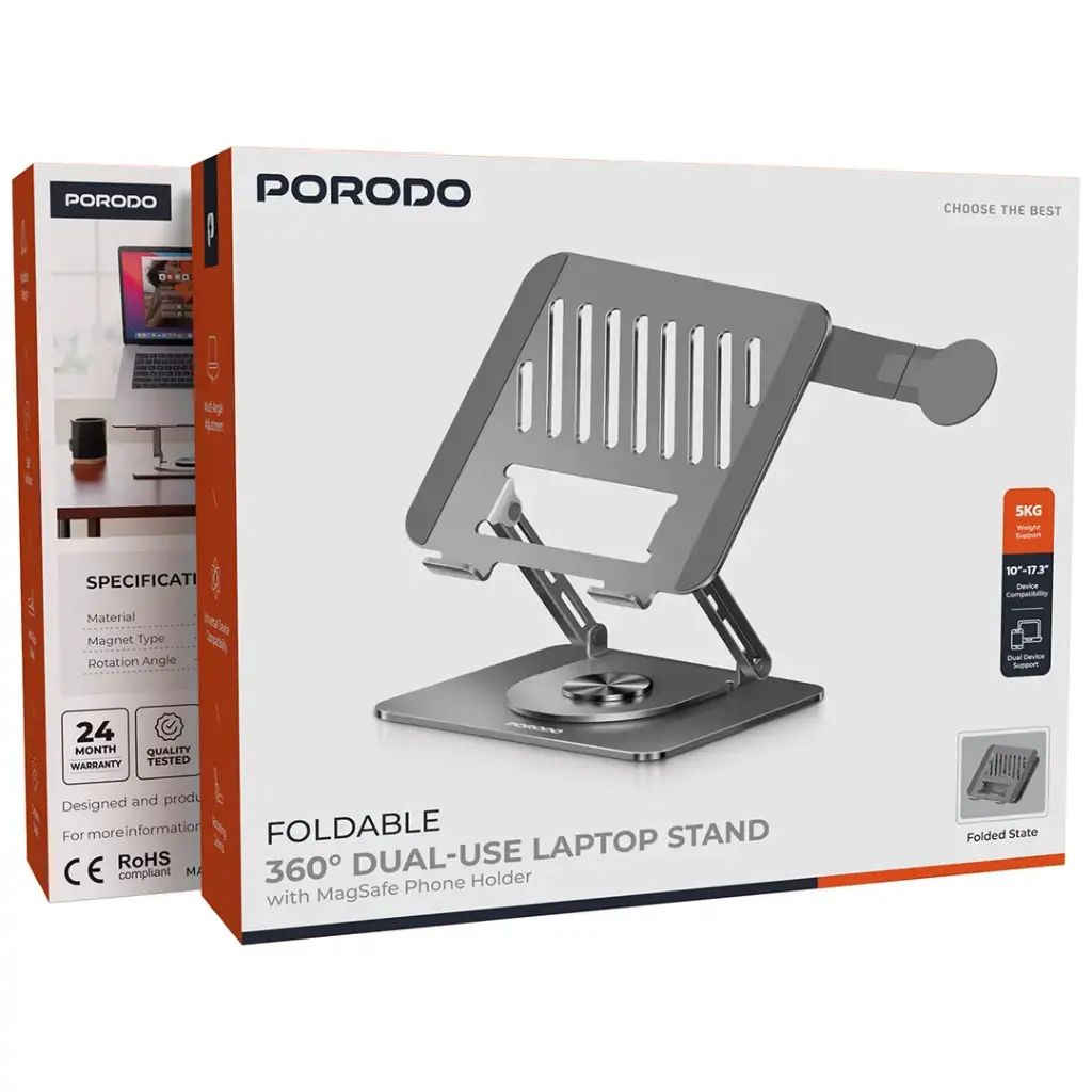 Porodo Foldable Laptop Stand with Magsafe Holder with 360 Rotatable - Dark Grey