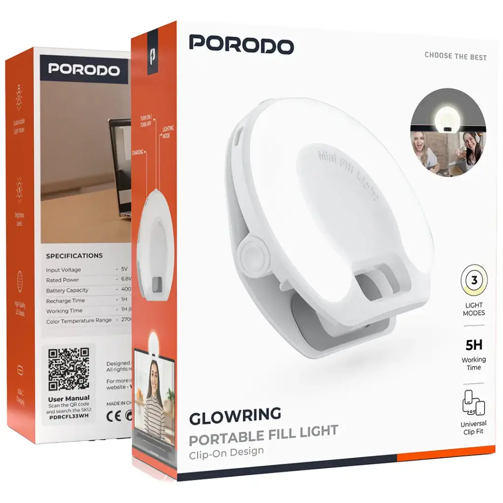 Porodo GlowRing Rechargeable 3 Colour Fill Light