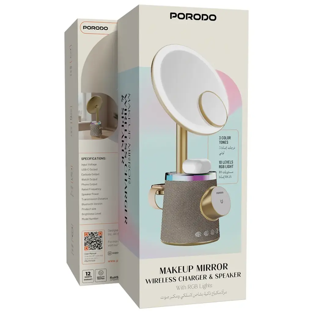 Porodo Lifestyle 15W Zoomed Mirror Magnetic Wireless Charger with Speaker & Adjustable