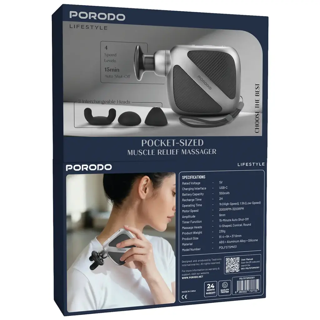 Porodo Lifestyle Pocket Sized Portable Mini Pocket Massager With 3 Massage Heads -Gray