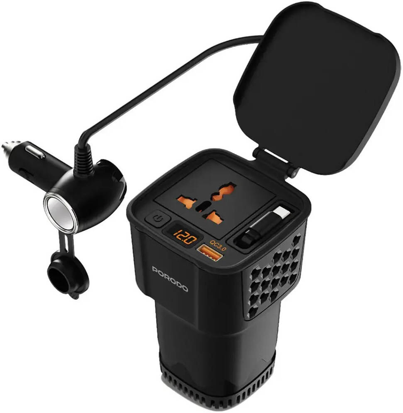 Porodo 200W Car Inverter with Retractable Cable -Black