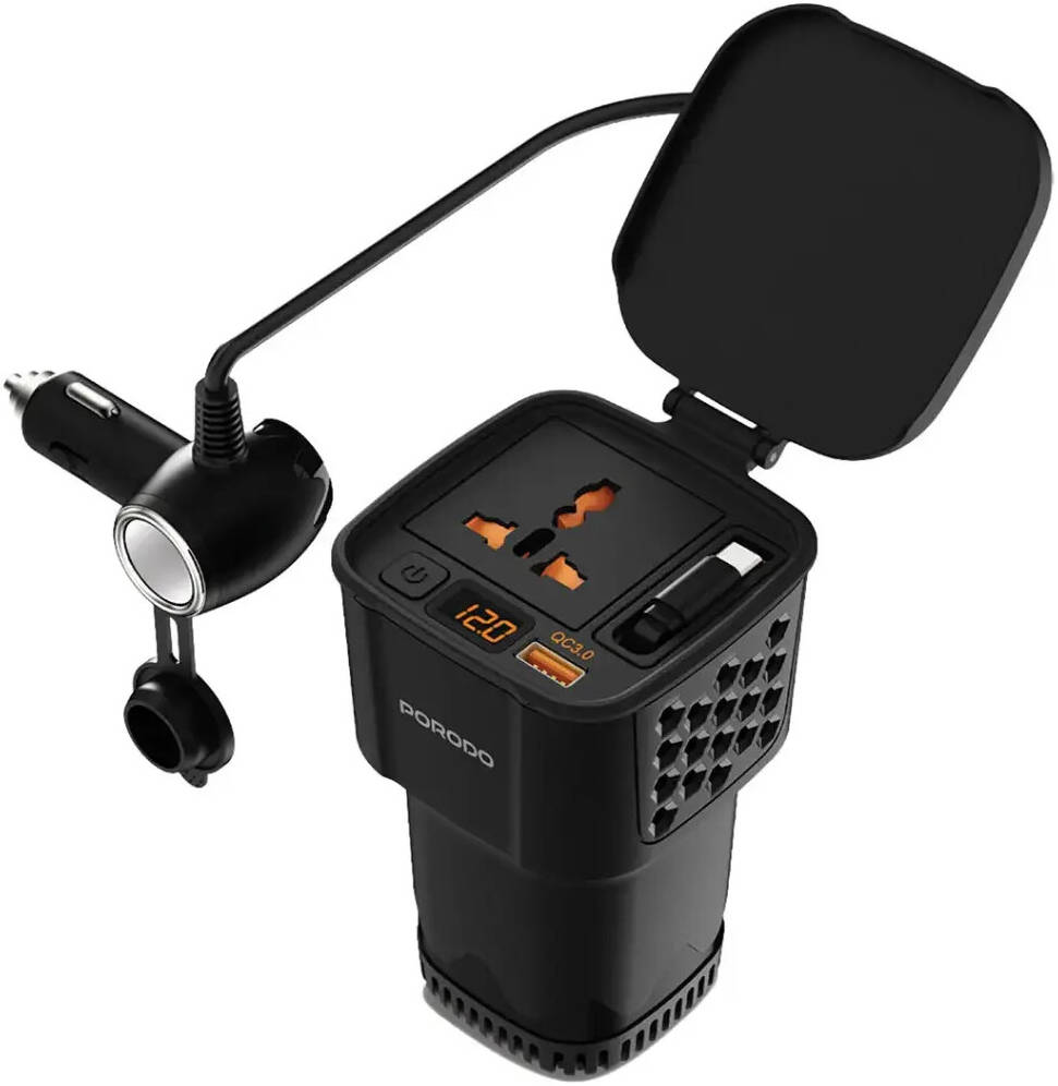 Porodo 200W Car Inverter with Retractable Cable -Black
