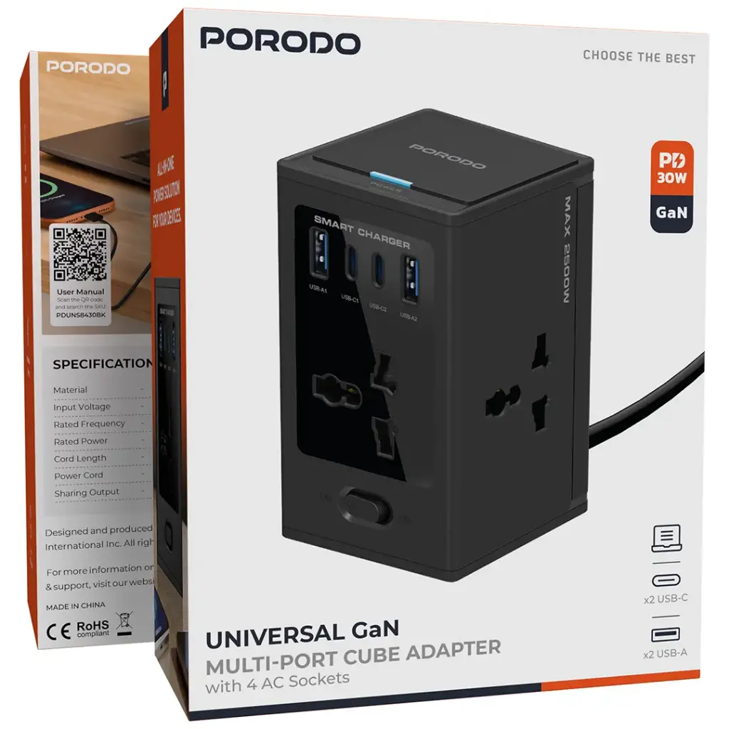 Porodo Cube Power Socket with Universal 4x Ac plugs with 2C GAN 30W - Black