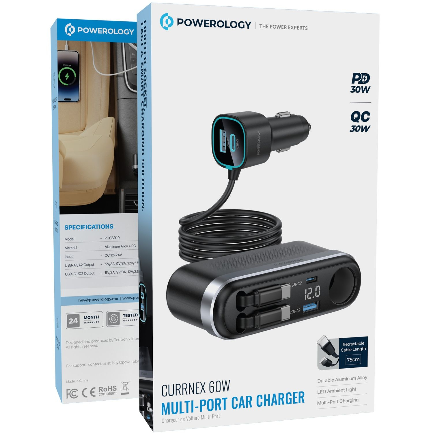 Powerology Currnex Car Charger with Car 12v Socket & retractable cable x2 - Black