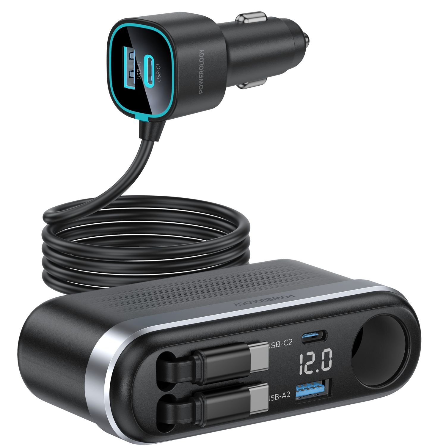 Powerology Currnex Car Charger with Car 12v Socket & retractable cable x2 - Black
