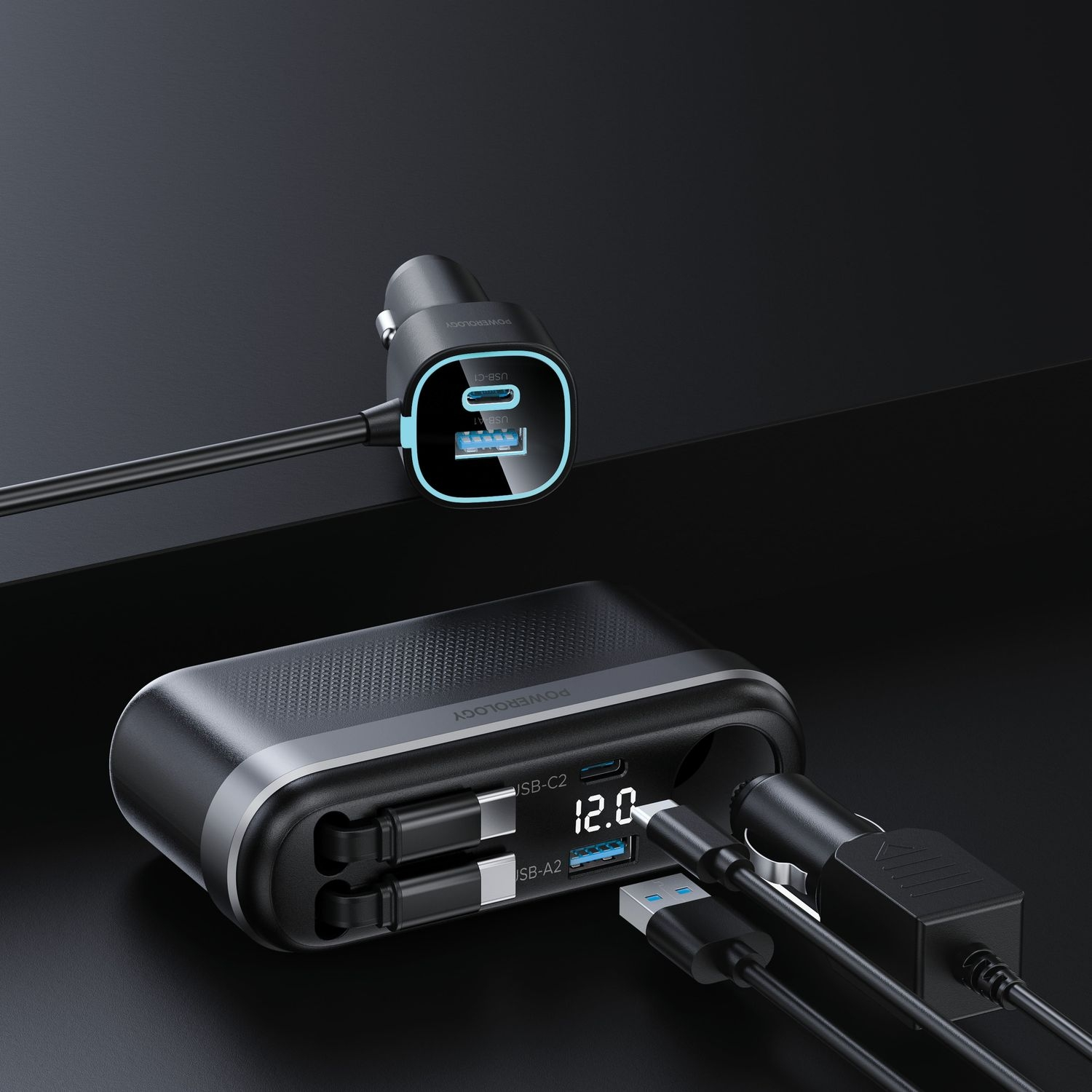 Powerology Currnex Car Charger with Car 12v Socket & retractable cable x2 - Black