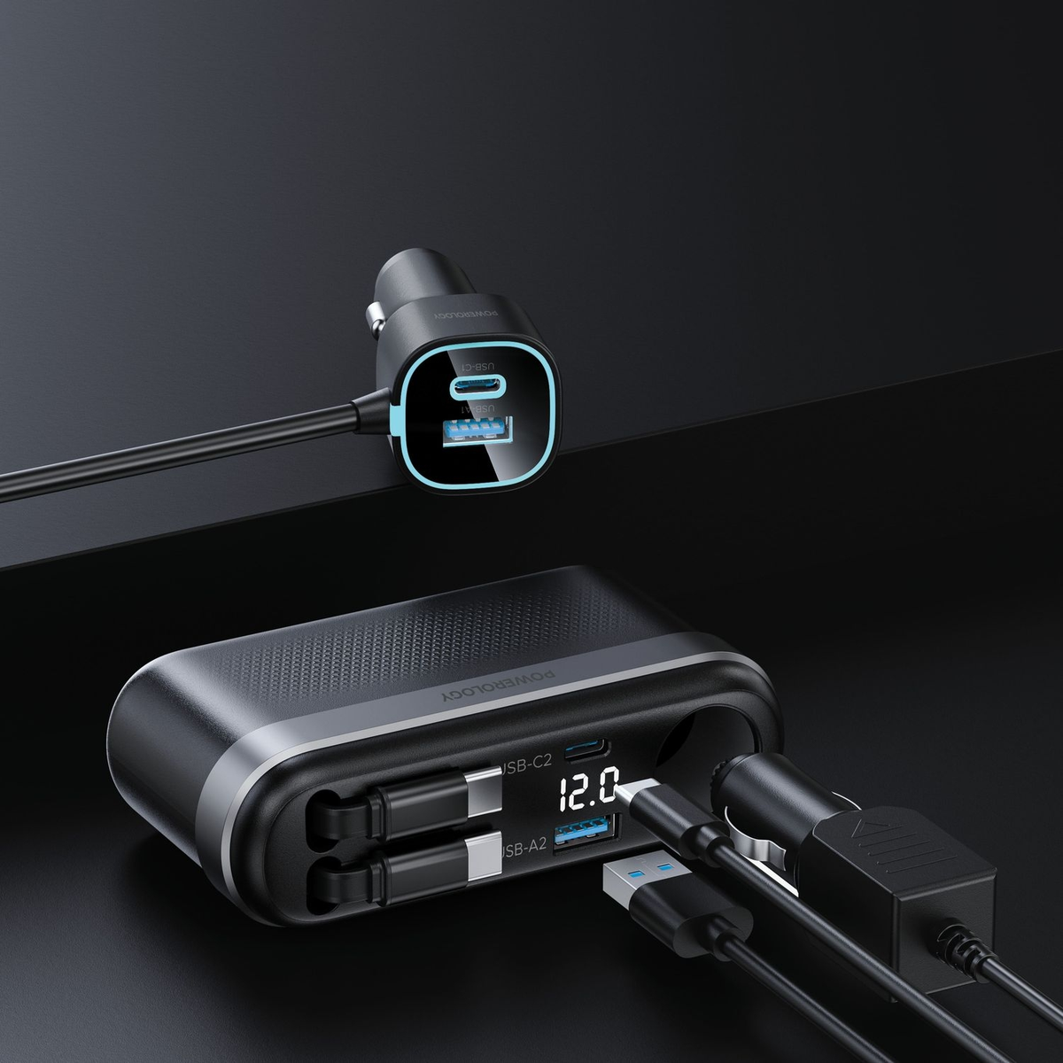 Powerology Currnex Car Charger with Car 12v Socket & retractable cable x2 - Black