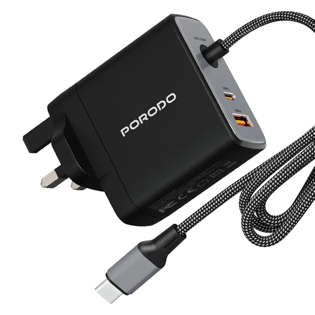 Porodo Zentrix 100w Built-in Cable Adaptor with 1 USB-C & 1 USB-A Port - Black