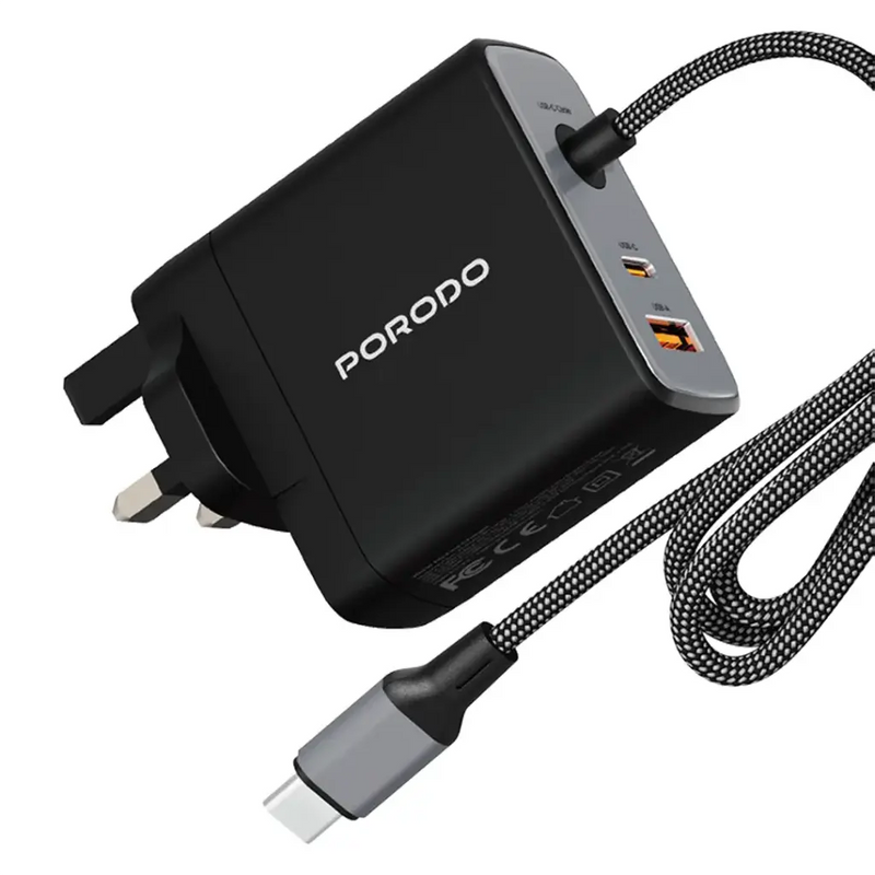 Porodo Zentrix 100w Built-in Cable Adaptor with 1 USB-C & 1 USB-A Port - Black