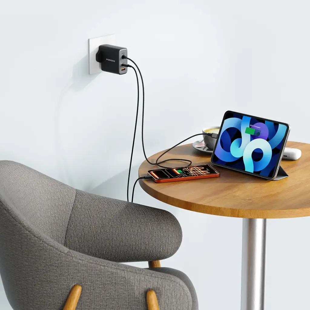 Porodo Zentrix 100w Built-in Cable Adaptor with 1 USB-C & 1 USB-A Port - Black