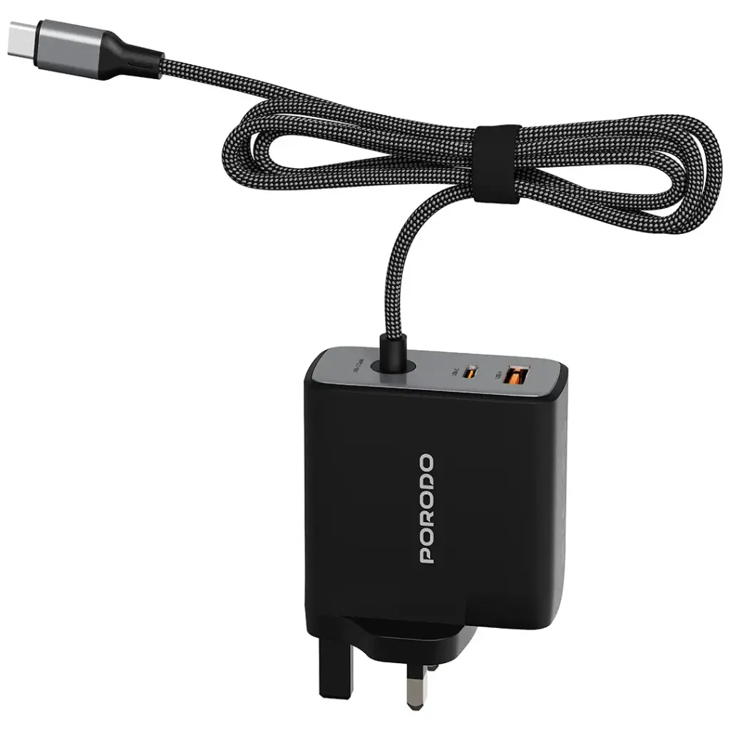 Porodo Zentrix 100w Built-in Cable Adaptor with 1 USB-C & 1 USB-A Port - Black