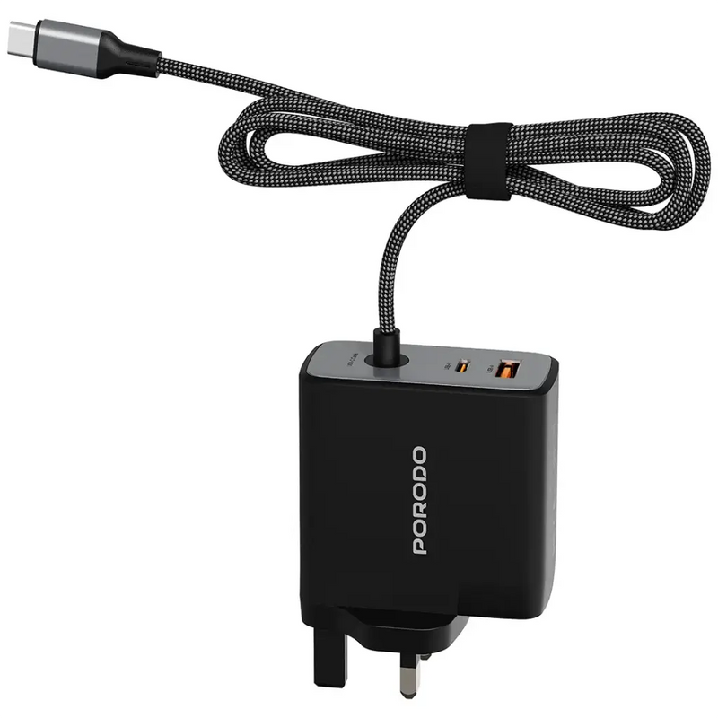 Porodo Zentrix 100w Built-in Cable Adaptor with 1 USB-C & 1 USB-A Port - Black