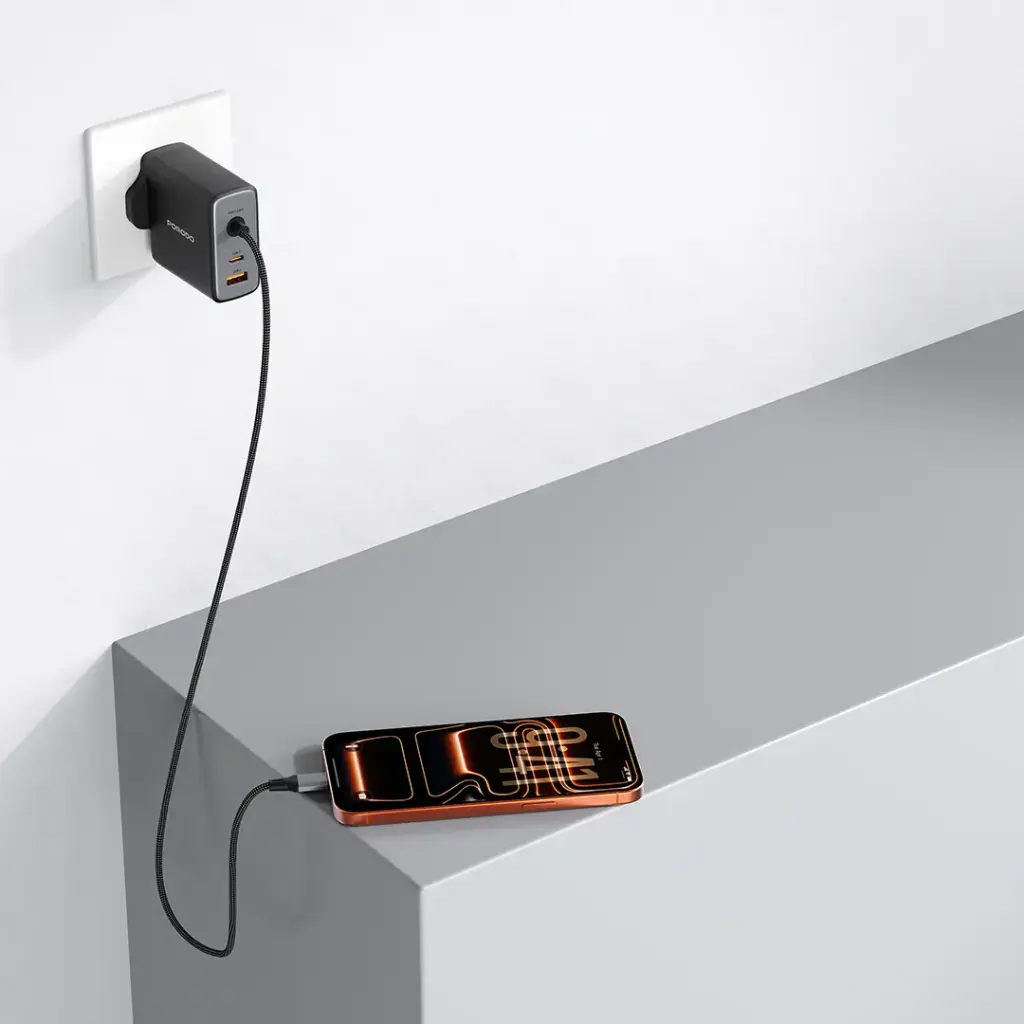 Porodo Zentrix 100w Built-in Cable Adaptor with 1 USB-C & 1 USB-A Port - Black