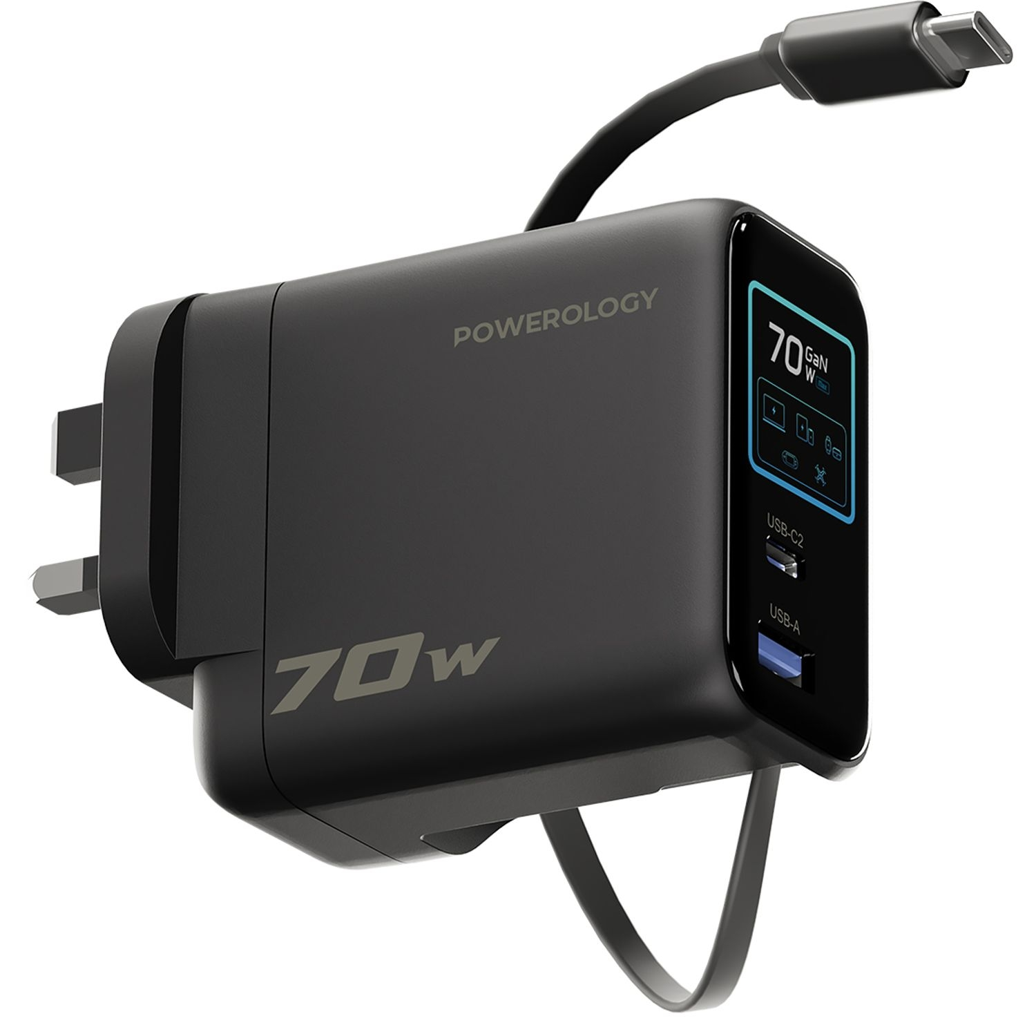Powerology 70W TFT Adaptor with Retractable Cable 1C & 1A - Black