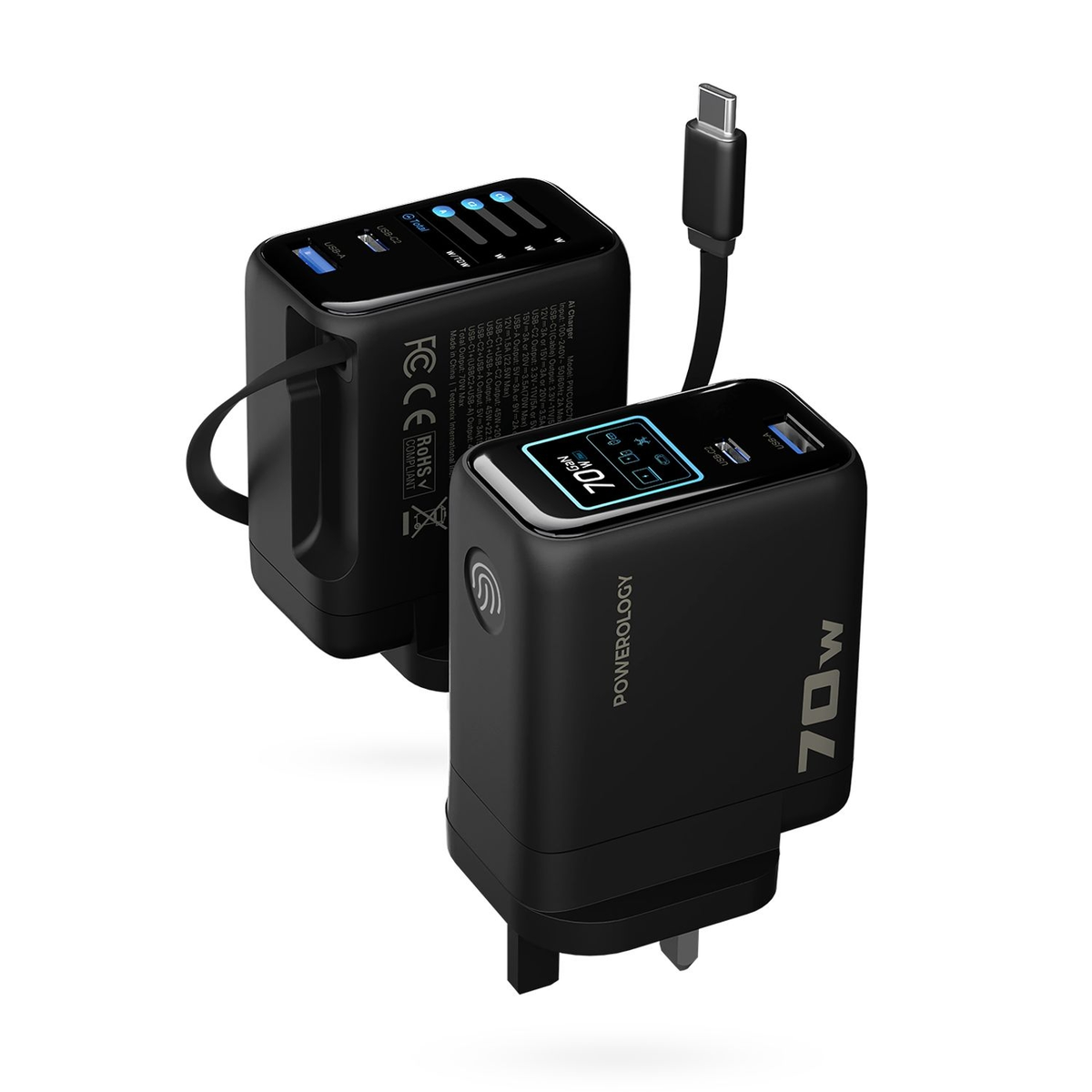 Powerology 70W TFT Adaptor with Retractable Cable 1C & 1A - Black