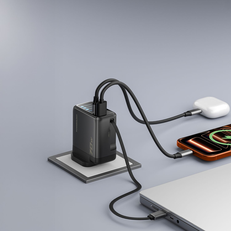 Powerology 70W TFT Adaptor with Retractable Cable 1C & 1A - Black