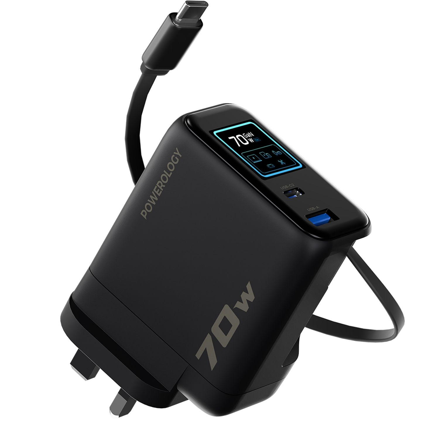 Powerology 70W TFT Adaptor with Retractable Cable 1C & 1A - Black