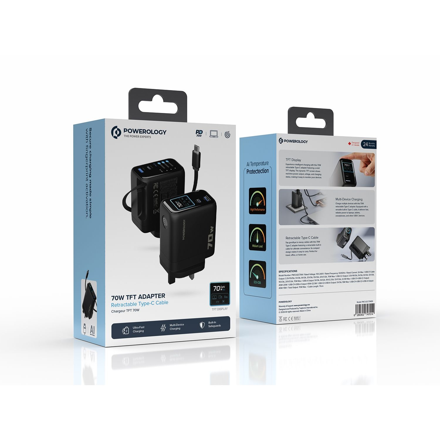 Powerology 70W TFT Adaptor with Retractable Cable 1C & 1A - Black