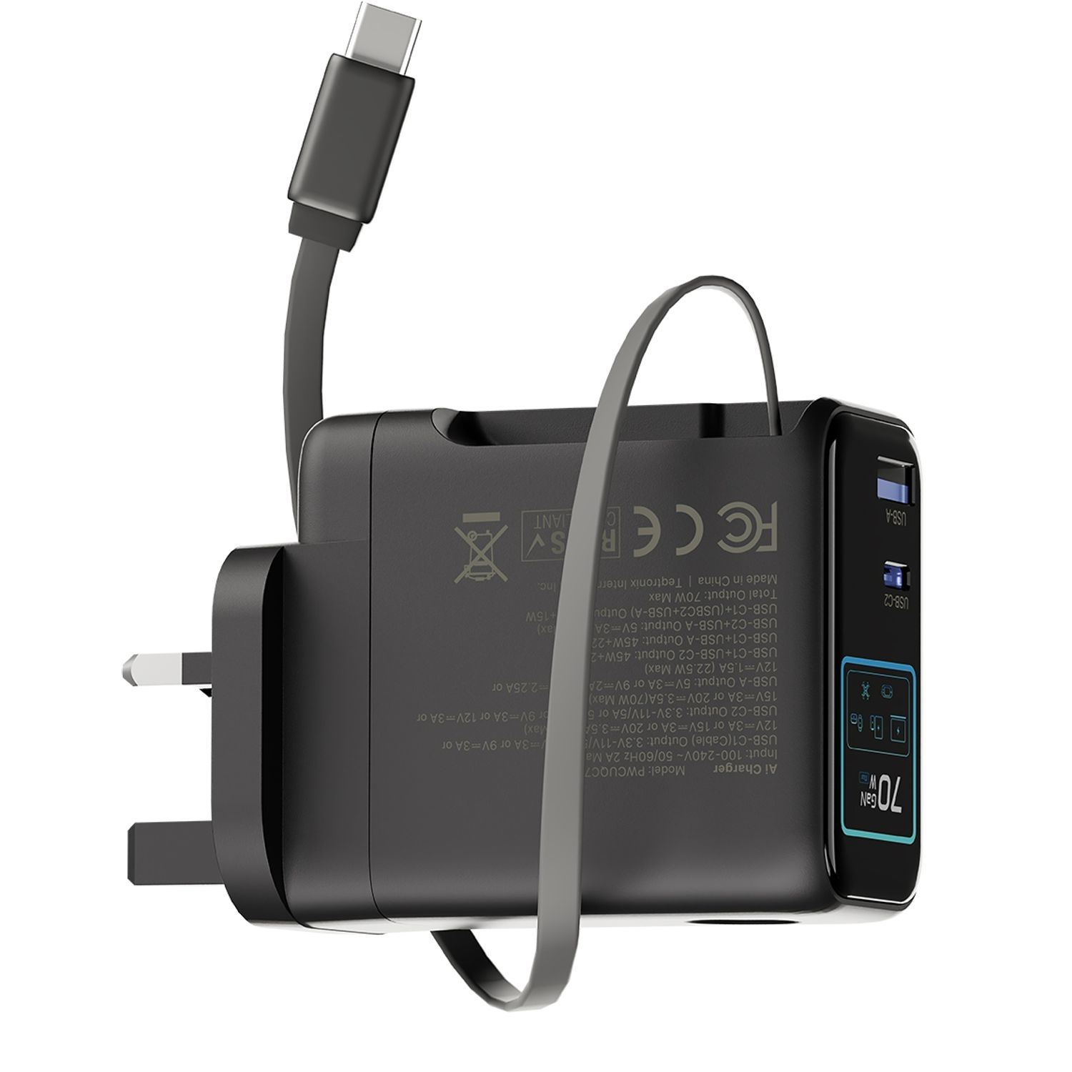 Powerology 70W TFT Adaptor with Retractable Cable 1C & 1A - Black