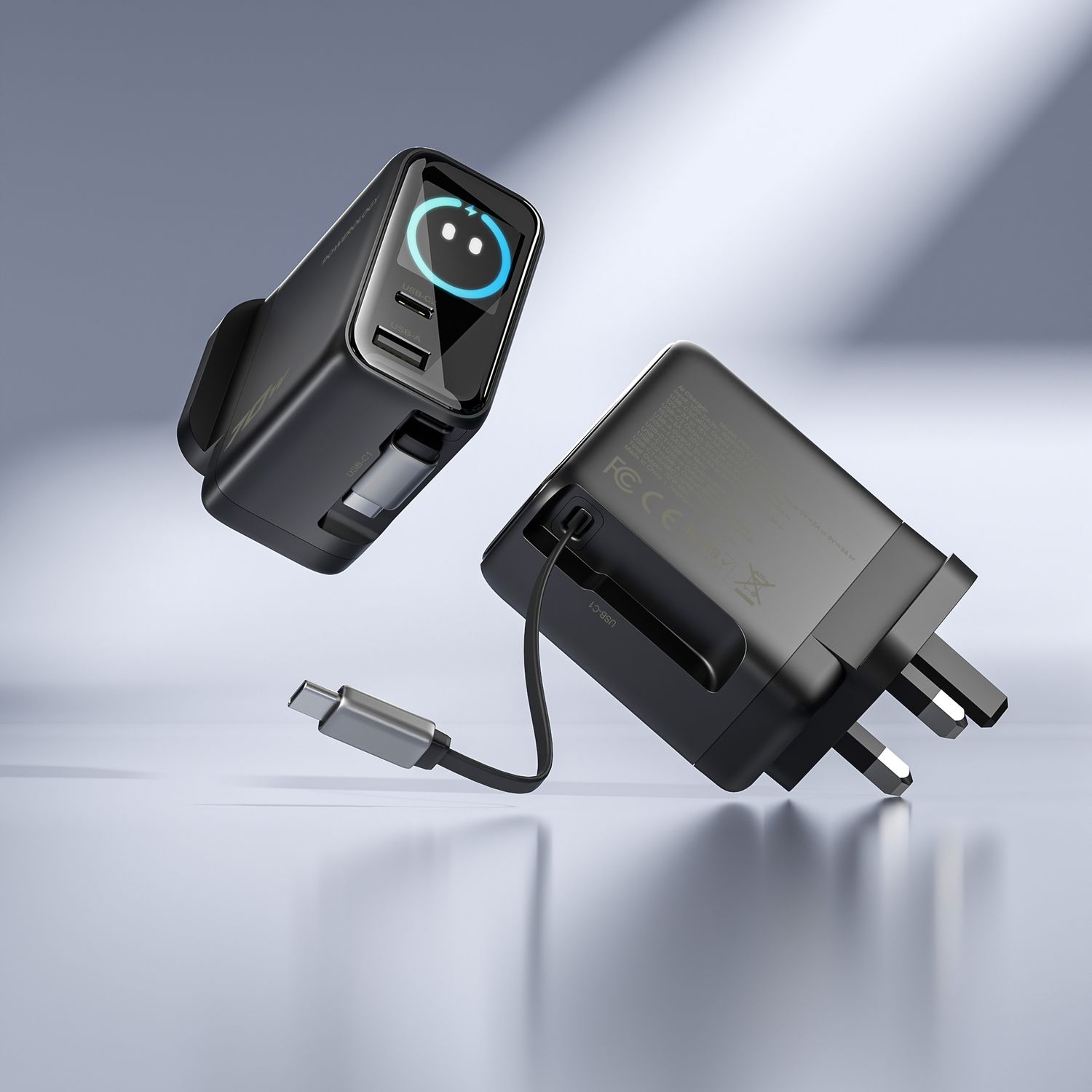 Powerology 70W TFT Adaptor with Retractable Cable 1C & 1A - Black