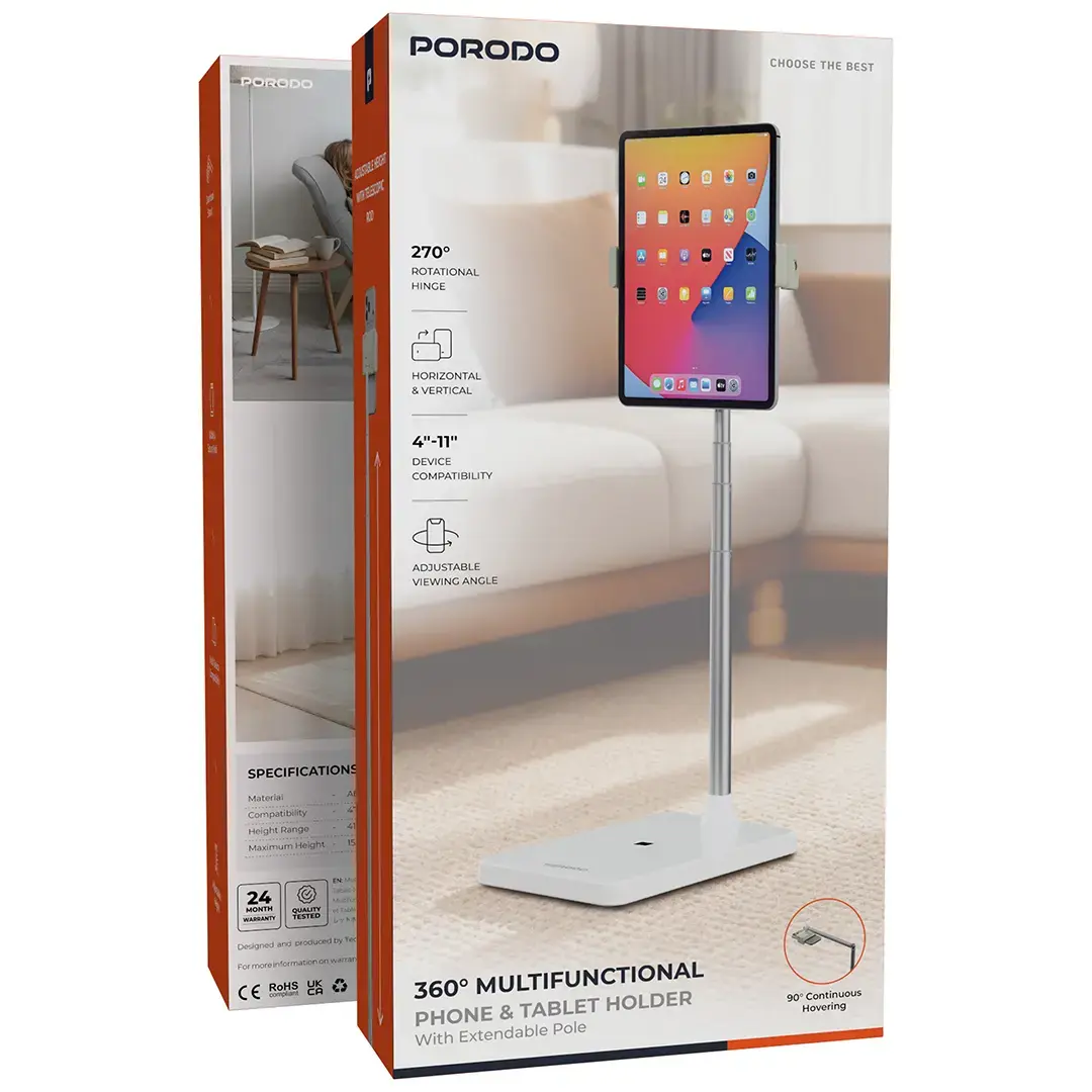 Porodo Multifunctional Phone & Tablet With Extendable Pole - White
