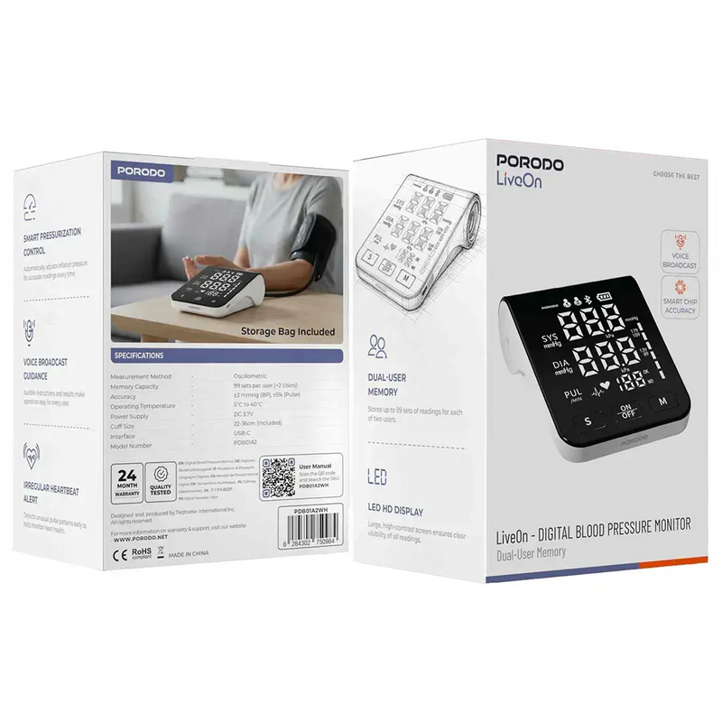 Porodo Rechargeable Upper Arm BP Monitor - White