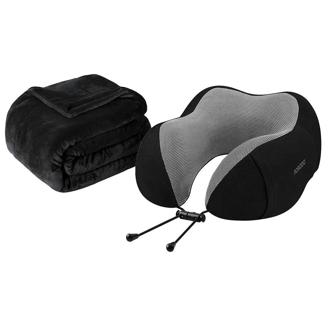 Porodo Lifestyle Travel Comfort Duo 2 in1 Travel Pillow and Blanket Kit- Black