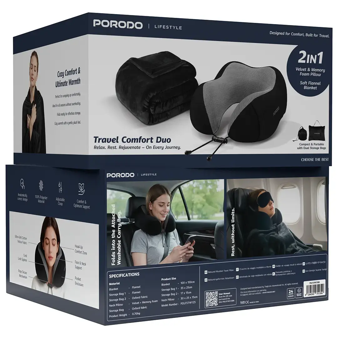 Porodo Lifestyle Travel Comfort Duo 2 in1 Travel Pillow and Blanket Kit- Black