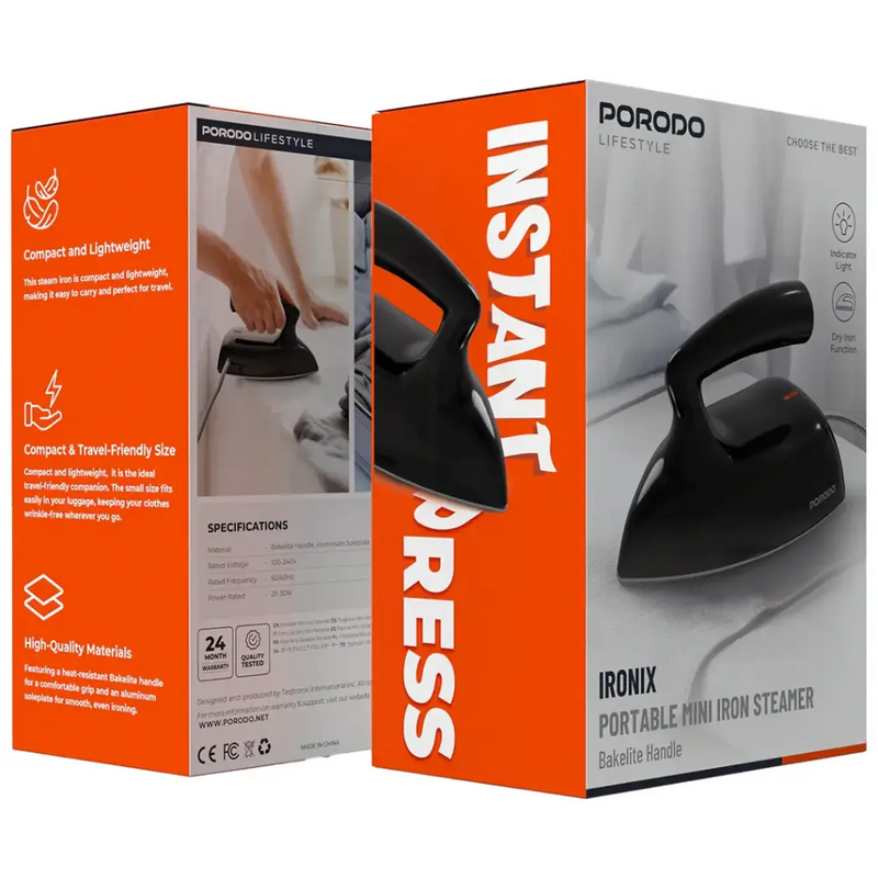 Porodo Lifestyle Ironix 30W Portable Mini Steamer Black