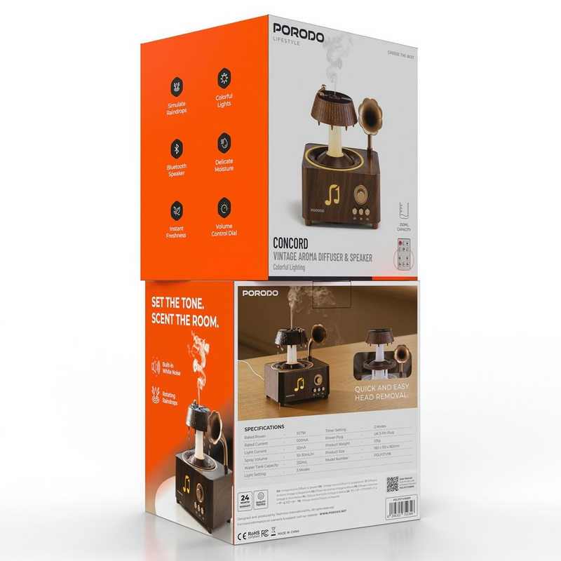 Porodo Lifestyle "Concord" Aroma Diffuser 250ml with Whitenoise and Bluetooth - Brown