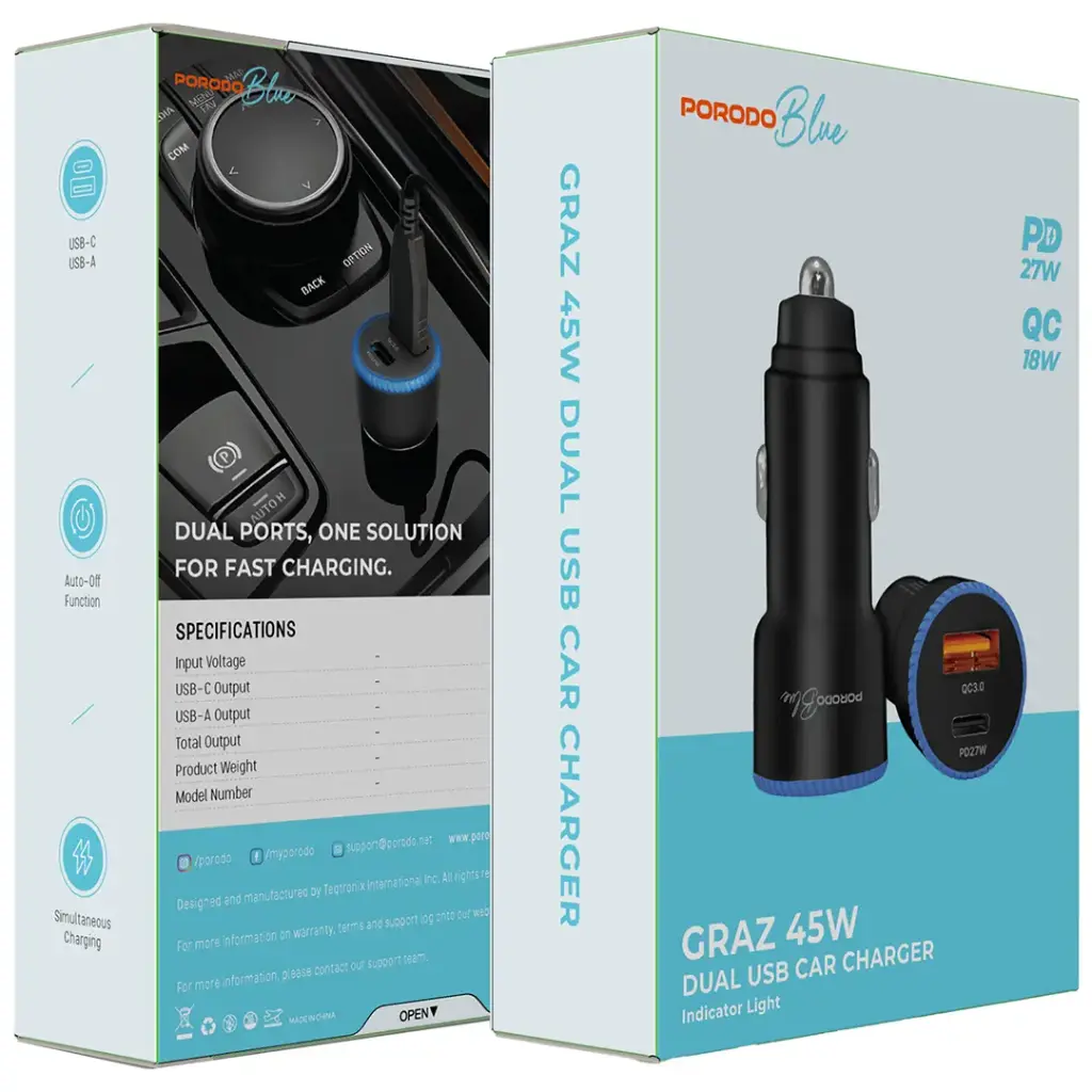 Porodo Blue Graz PD+QC 45W USB A+C Car Charger With C to C Cable - Black