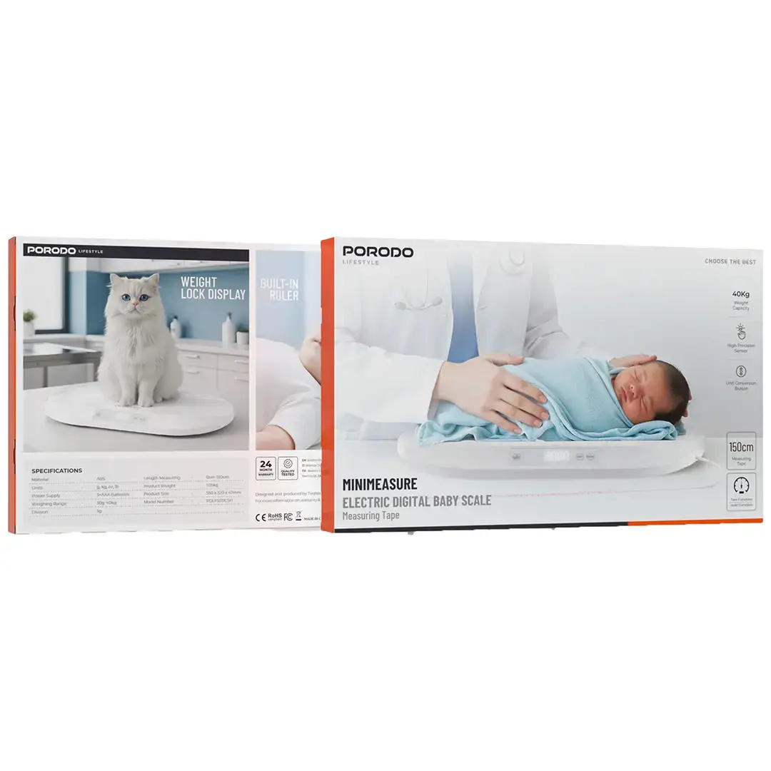 Porodo Mini Measure Lifestyle Electronic Digital Baby Scale with measuring tape - White