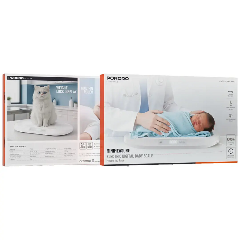 Porodo Mini Measure Lifestyle Electronic Digital Baby Scale with measuring tape - White