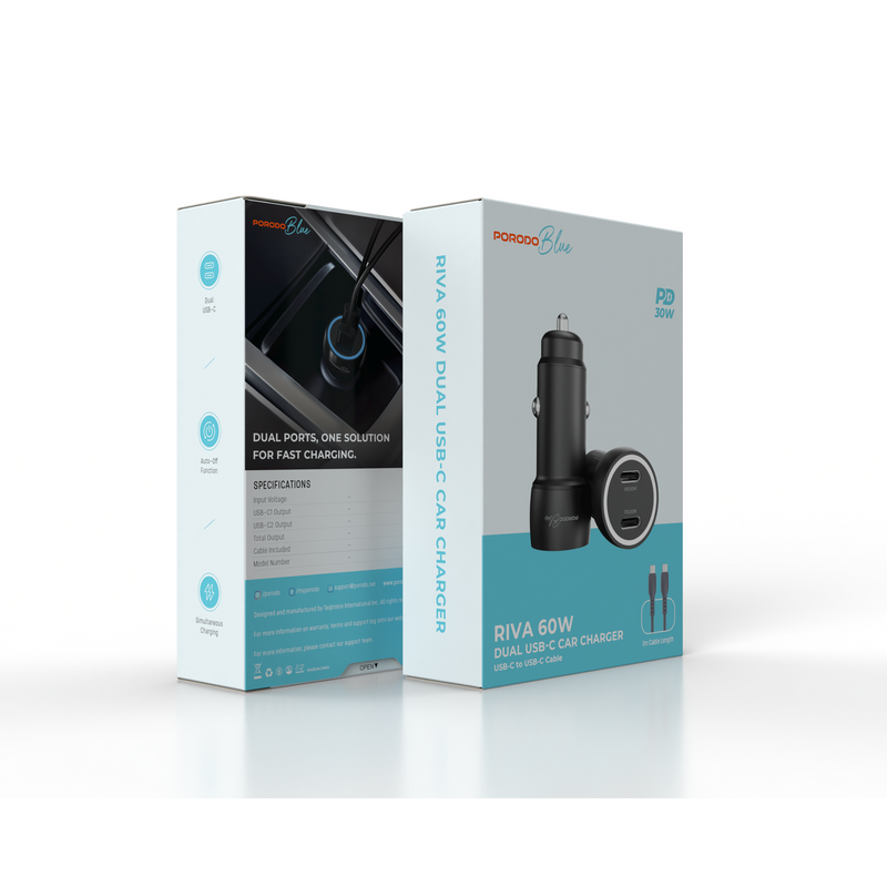 Porodo Blue Riva PD 60W Type-Cx2 Car Charger With C to C Cable - Black