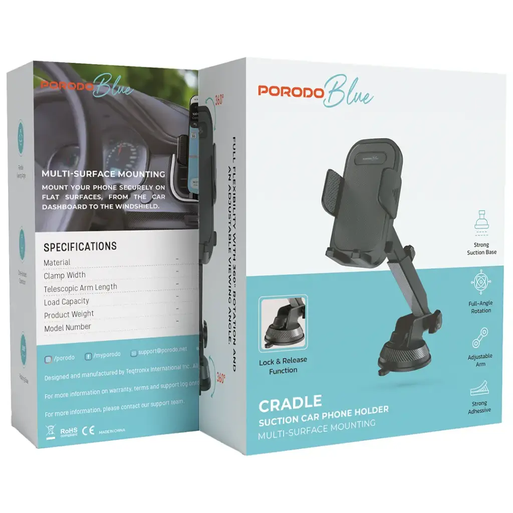 Porodo Blue Cradle Suction Car Phone Mount - Black