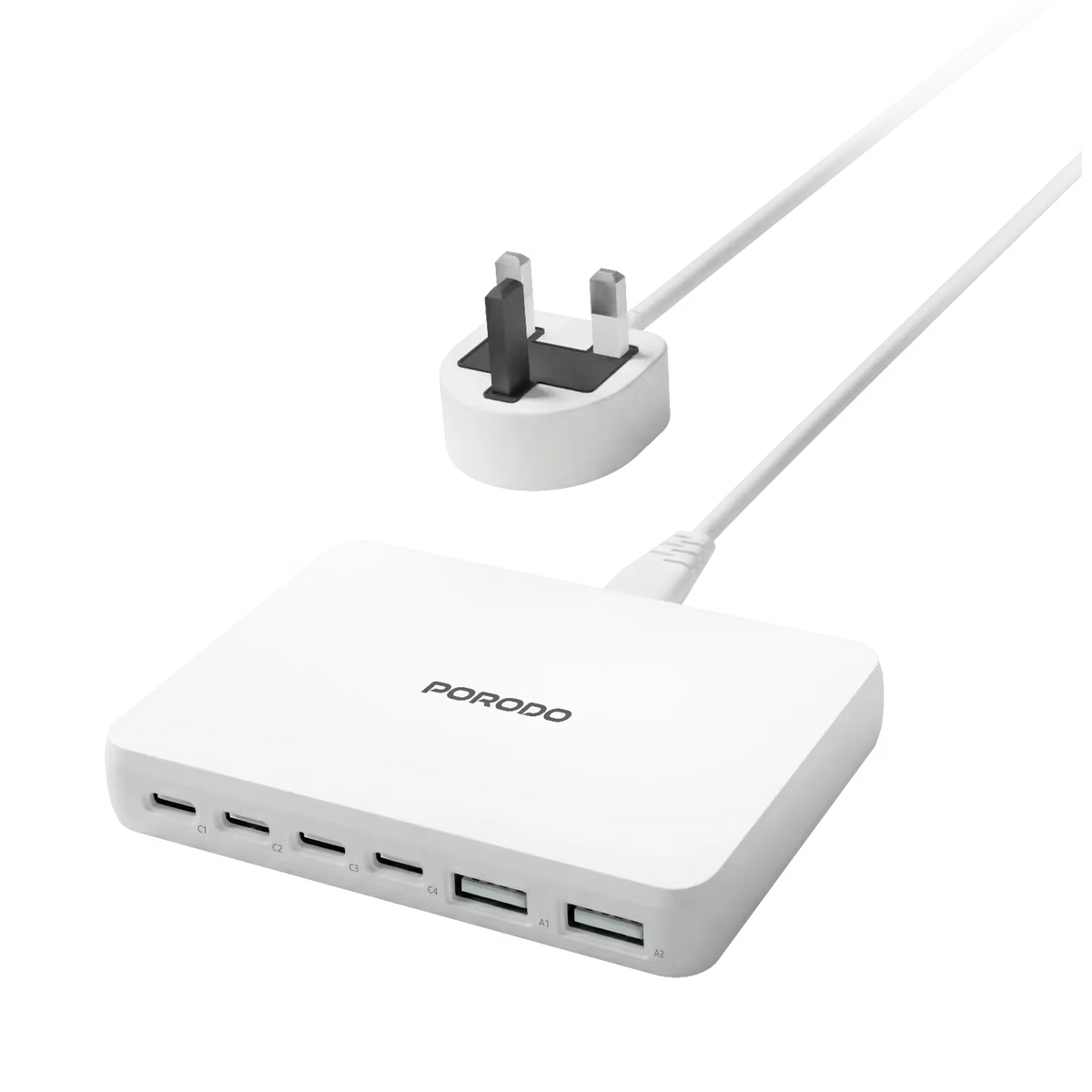 Porodo Unique 100W 4 Type C 2 USB A GaN Wall Charger with UK Plug - White