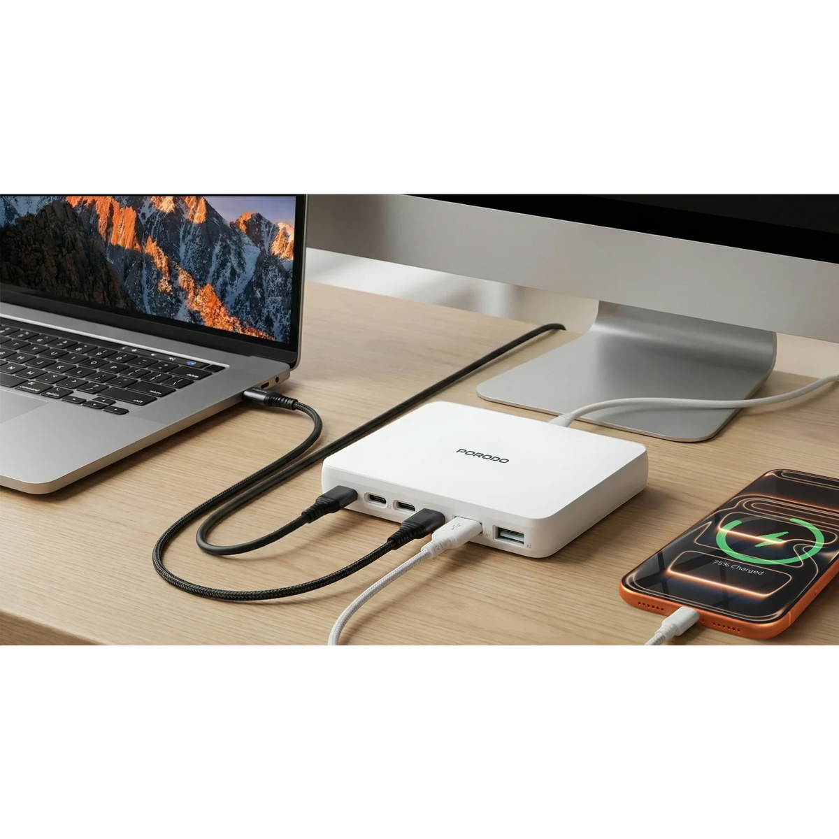 Porodo Unique 100W 4 Type C 2 USB A GaN Wall Charger with UK Plug - White